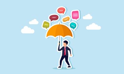 A businessman holding an umbrella protects himself from a rain of text dialogues, illustrating sheltering from or ignoring insults and negative remarks about his business