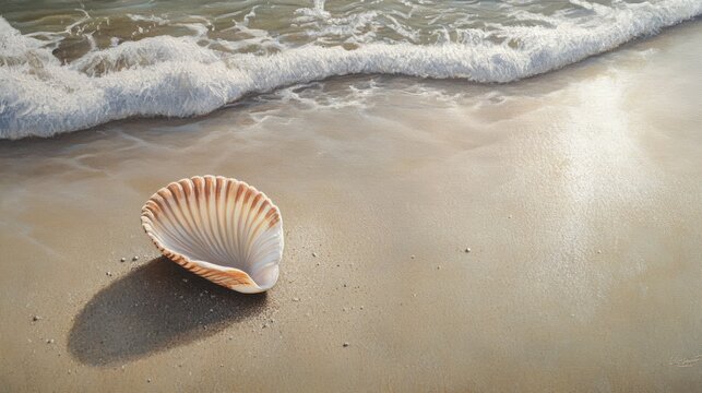 A serene beach scene with a single scallop shell lying in the sand near the water's edge, symbolizing the connection between the sea and this delicacy.