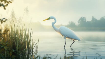 Obraz premium A serene scene with a white egret walking through a field of tall grass near a lake, its elegant movements creating ripples in the water.