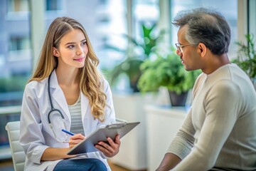 Fototapeta premium Young woman in medical consultation discussing health concerns with her healthcare professional