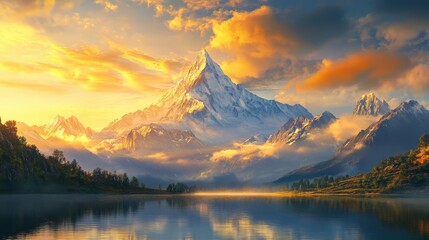 Majestic Mountain Sunrise with Tranquil Lake Reflection
