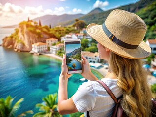 Fototapeta premium Young woman planning a vacation trip using a smartphone to search for hotels and travel information