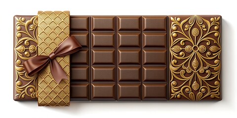 Rich brown wrapper with golden accents and elegant typography showcases a premium chocolate bar, perfect for indulgent treats and sophisticated gift-giving occasions.