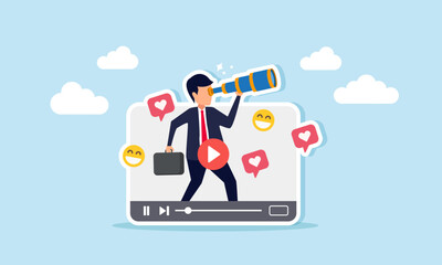 A businessman looks through a media player filled with heart and smile emoticons, illustrating an entrepreneur's vision in promotional strategy on social media