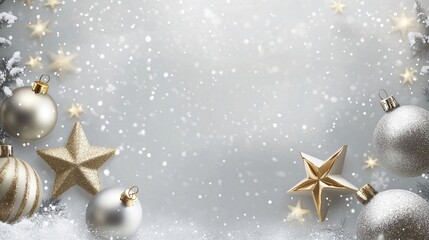 Fototapeta premium Silver and gold Christmas ornaments, stars and pine branches on a snowy grey background.