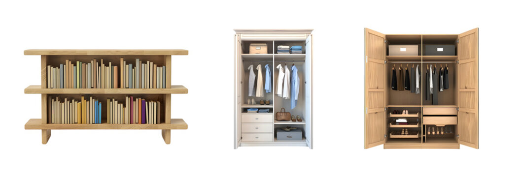 Set of 4 wooden shelves isolated on transparent background