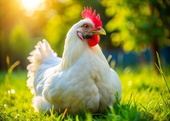 Fototapeta premium A beautiful plump white chicken with soft feathers and bright curious eyes pecks at the ground in a