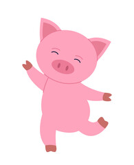 Cute pig sticker. Adorable pink animal dancing. Mammal and cattle, livestock. Cute character for kids. Template and layout. Flat vector illustration