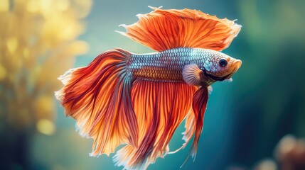 Fototapeta premium A striking image of a Betta fish in motion, its flowing fins creating waves of color in the water, symbolizing both beauty and power.
