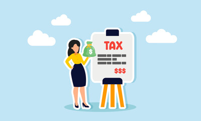 A businesswoman holding a bag of money stands next to a board labeled TAX, illustrating readiness to pay and settle tax bills