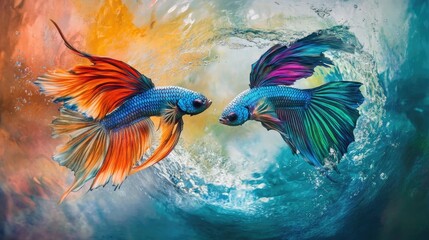 Obraz premium A vibrant close-up of two fighting fish facing each other, with their fins fully extended in a stunning display of color and aggression. The water creates ripples between them.