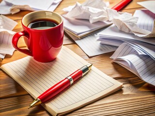 A bright red pen lies beside a marked-up manuscript, surrounded by scribbled notes and corrections, on a cluttered