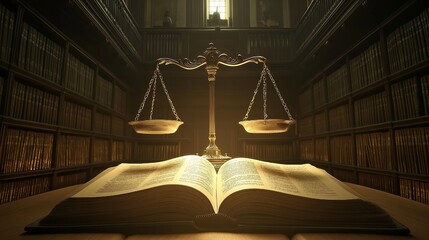 An illuminated justice scale in a library with an open law book, signifying legal expertise and knowledge