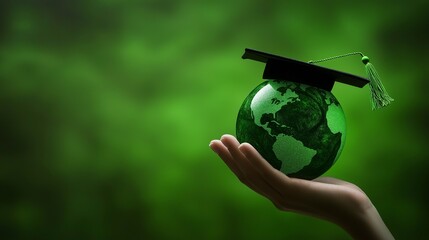 A picture of a hand holding a green globe and a graduation cap that represents environmental awareness and education - Powered by Adobe