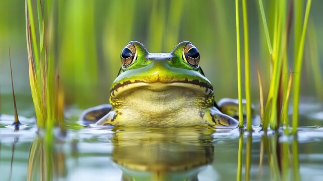 A vibrant shot of a bullfrog in a swamp, surrounded by tall grasses and reeds, with its reflective eyes watching carefully for movement.