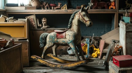 A weathered, antique rocking horse with chipped paint sitting in an old attic, surrounded by forgotten toys and dusty boxes, evoking a sense of nostalgia.