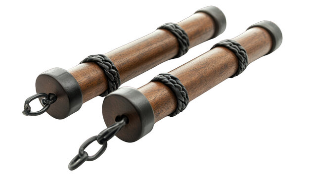 view of a pair of nunchucks with a wooden finish and chain link transparant background
