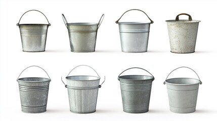Isolated collection of metal buckets in transparent PNG format on a white background