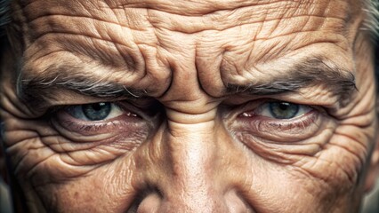 A close-up of a person's eyes, scrunched up and tightly shut, with deep wrinkles and creases on the