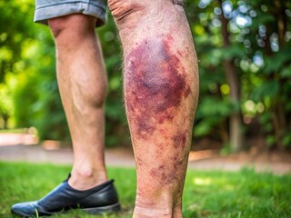 A close-up of a person's leg showing signs of deep vein thrombosis, with swelling, redness, and bruising, symbolizing