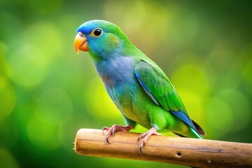 Vibrant green and blue parrotlet perches on a wooden rod, tilting its tiny head, showcasing its iridescent plumage and expressive eyes in a natural setting.
