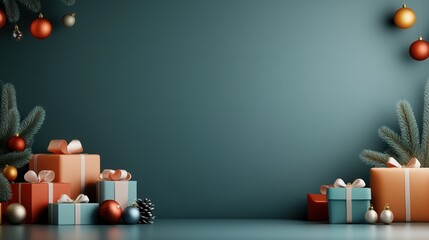 Colorful presents and festive decorations on a deep blue background, perfect for holidays.