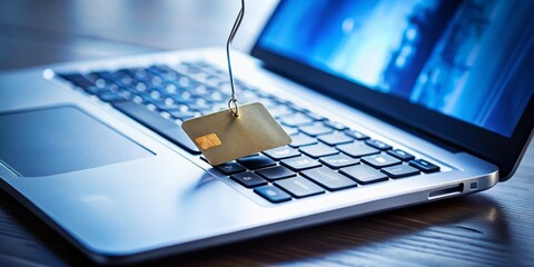 A close-up shot of a credit card and a laptop with a phishing email on the screen, highlighting
