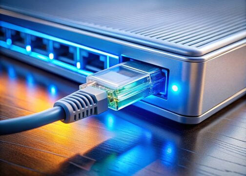 A close-up shot of a modern computer network connection featuring a glowing blue Ethernet cable plugged into a