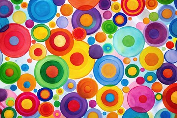 Vibrant multicolored circles of various sizes overlap and intersect on a white background, creating a mesmerizing abstract geometric pattern with a playful and whimsical atmosphere.