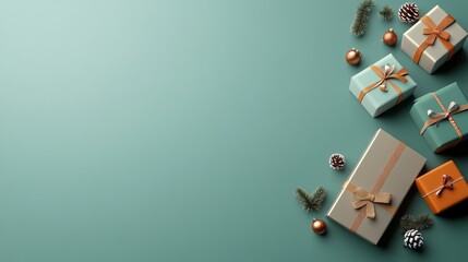 Colorful wrapped gifts with decorations on a mint green background.