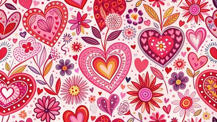 Vibrant pink and red hearts, flowers, and abstract shapes swirl together in a whimsical, hand-drawn design, perfect for romantic and festive Valentine's Day projects.