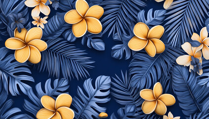 Fototapeta premium Exotic blue and white pattern featuring vibrant plumeria flowers