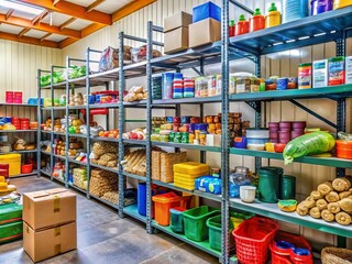 A colorful array of donated goods and supplies are neatly organized on shelves, awaiting distribution to those in