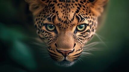 Fototapeta premium Close-up view of a leopard's fierce gaze in natural habitat, vibrant colors.