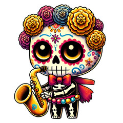 Fototapeta premium Day of the Dead Skeleton with Marigold Flower Crown Playing Saxophone, Colorful Dia de los Muertos Sugar Skull Art Isolated