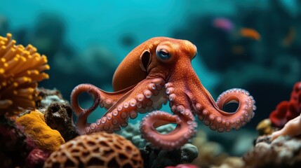 Colorful octopus swimming among coral reefs in vibrant underwater scenery.