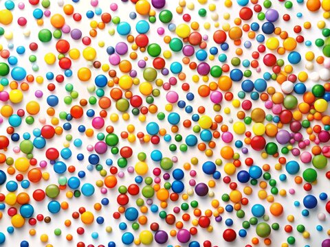 A colorful array of various sized multicolored dots scattered randomly on a clean white background, creating a playful