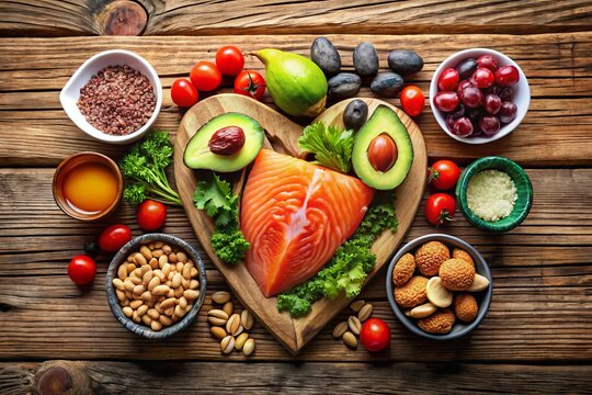 A colorful assortment of heart-healthy foods including avocados, nuts, and fatty fish, arranged artfully on a rustic