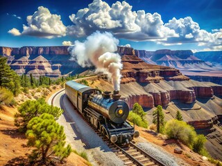 Vintage steam train chugs along the rustic Grand Canyon Railway tracks, surrounded by breathtaking Arizona landscape and vast expanse of turquoise sky.