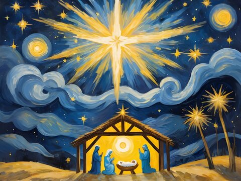 abstract Impressionist nativity scene,  bright stars, swirling clouds, rich blues and yellows