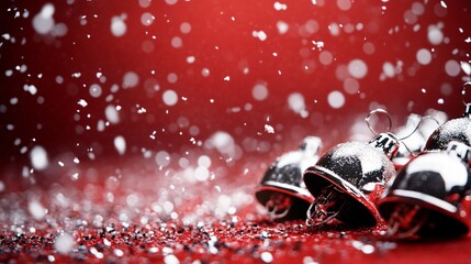 Silver Christmas Bells on Red Glitter with Snow.