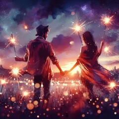 Obraz premium Abstract blur beautiful sparklers Motion by wind couple man and woman 2hand holding burning sparkle on nature for celebration background with dark purple twillight sky. watercolor anime paint