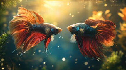 Two Betta fish flaring their gills at each other, their intense colors and aggressive postures filling the frame with energy and tension.