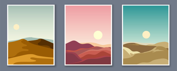 Nature landscape posters set. Mountains in afternoon, evening and morning. Beautiful natural panorama and landscape. Cover or banner. Flat vector collection