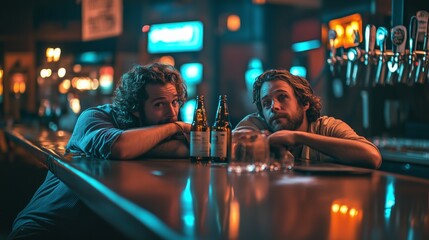 Two friends relaxing at a dimly lit bar while enjoying drinks and conversation during a nighttime outing