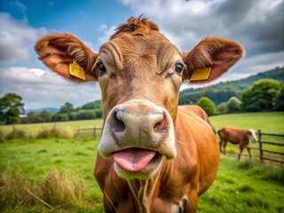 A curious brown cow with a wet nose and tongue licking its nostril, displaying a humorous and playful