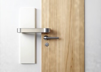 A customizable mockup of a wooden door with a metal handle and a blank white sign, isolated on