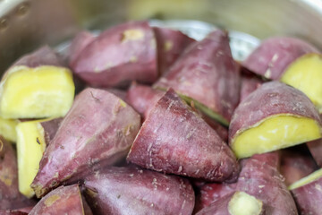close-up of a pile of boiled sweet potatoes