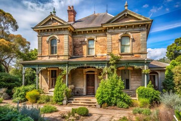 Fototapeta premium A deserted, worn-out Victorian-era house in Adelaide, with peeling paint, broken shutters, and overgrown gardens,