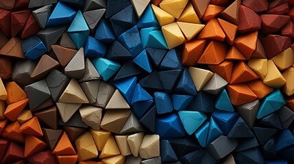 A vibrant mosaic of geometric shapes, their textured surfaces reflecting a kaleidoscope of blues, oranges, and browns, forming an intricate pattern of interconnected angles.